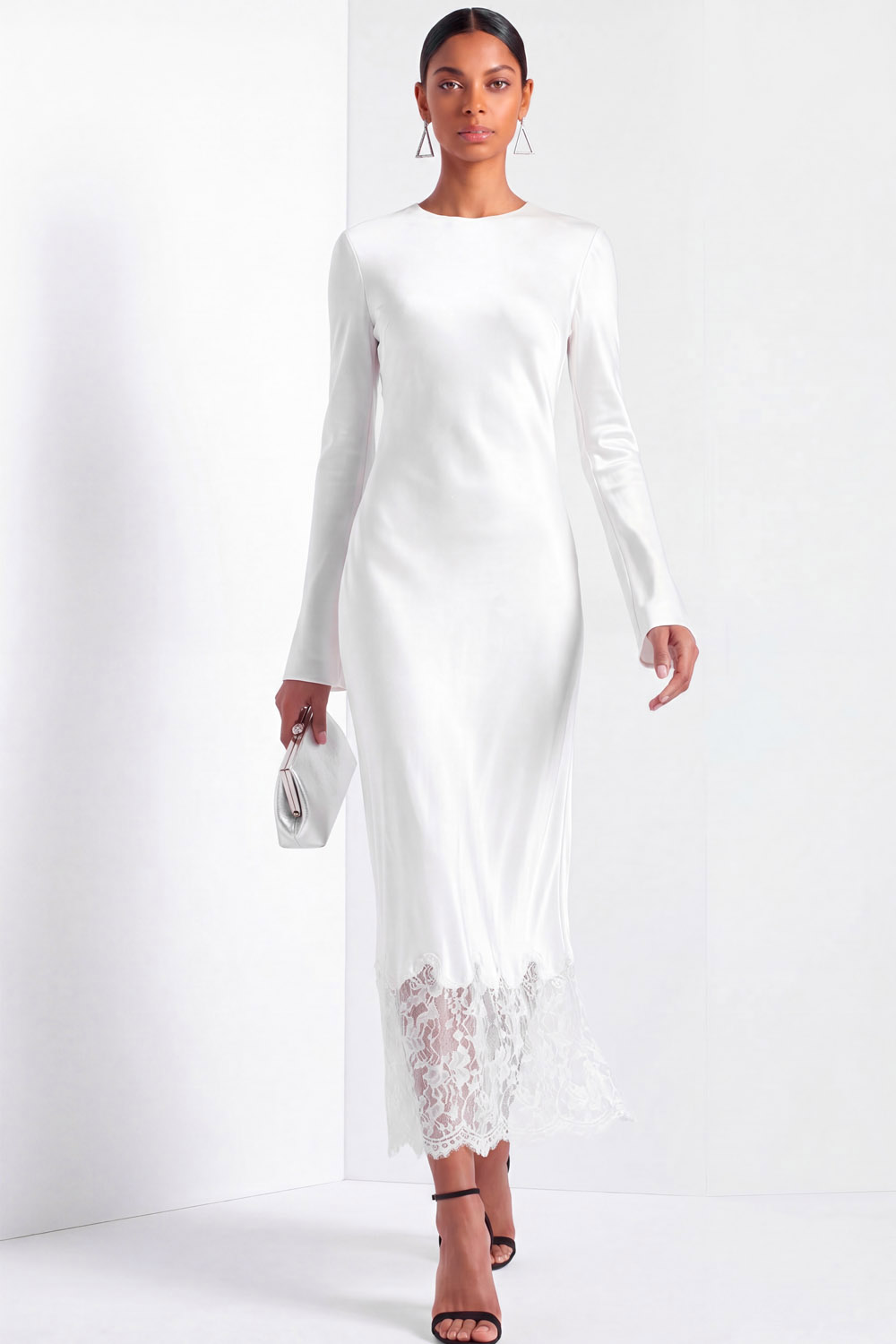 White Formal Dress Round Neck Long Sleeve Satin Maxi Dress with Lace