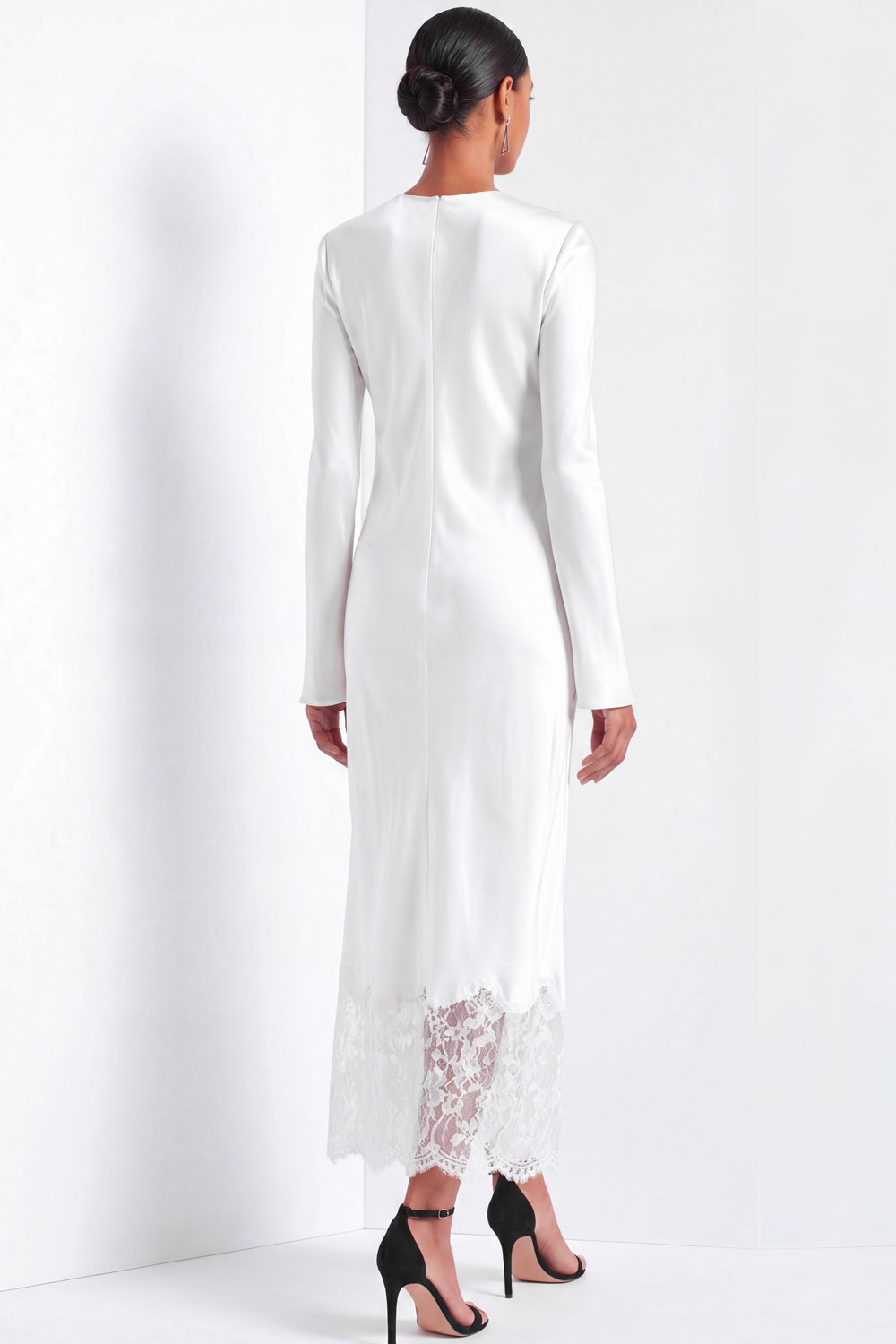 White Formal Dress Round Neck Long Sleeve Satin Maxi Dress with Lace