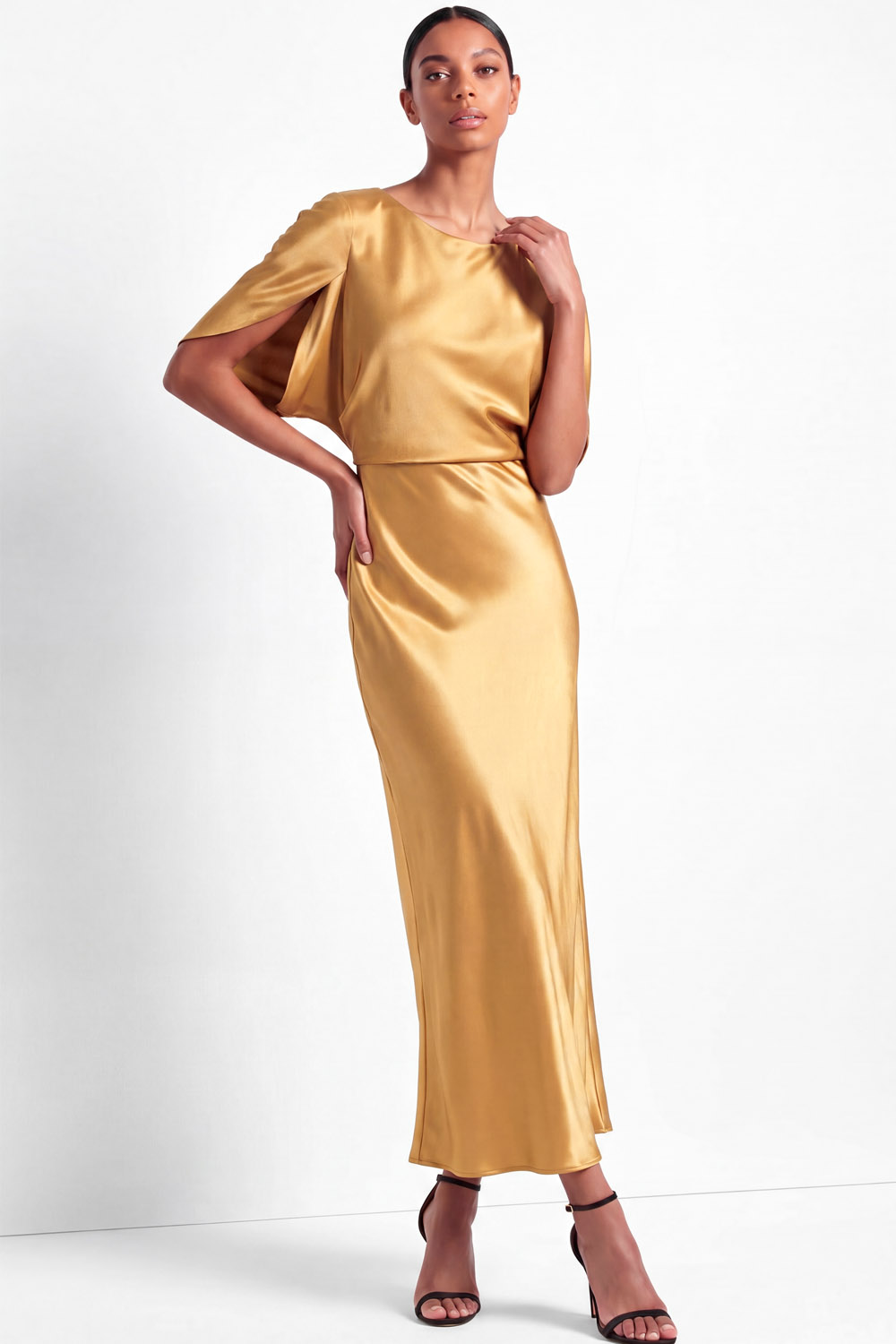 Golden Work Dress Sheath Round Neck Satin Maxi Dress 