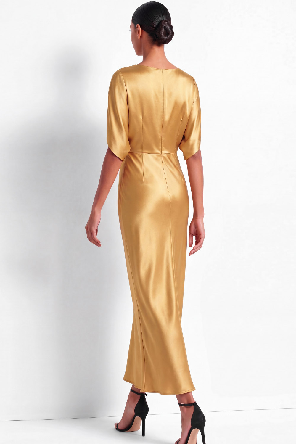 Golden Work Dress Sheath Round Neck Satin Maxi Dress 