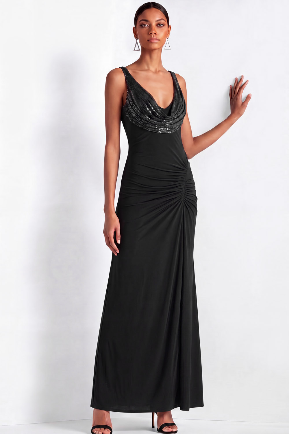Black Formal Evening Dress Mermaid Cowl Neck Maxi Dress with Sequin