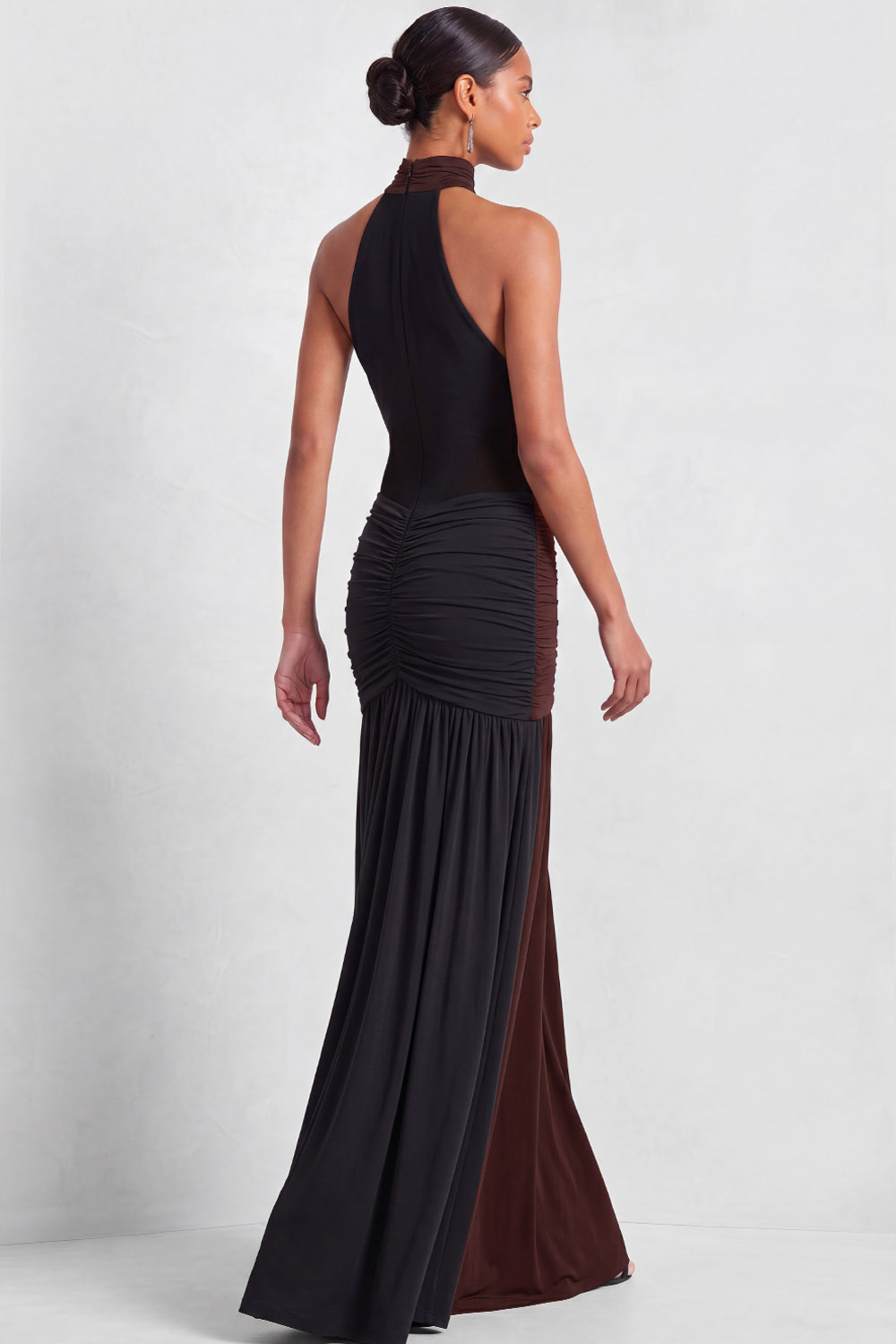Brown and Black Formal Dress Mermaid High Neck Ruched Maxi Dress 
