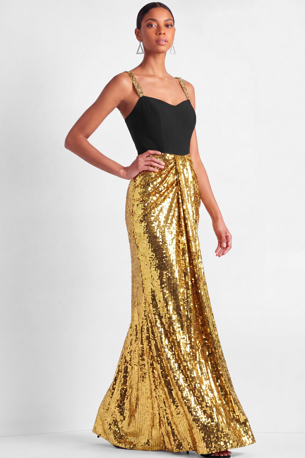 Golden Formal Evening Dress Mermaid Spaghetti Straps Sequin Maxi Dress 