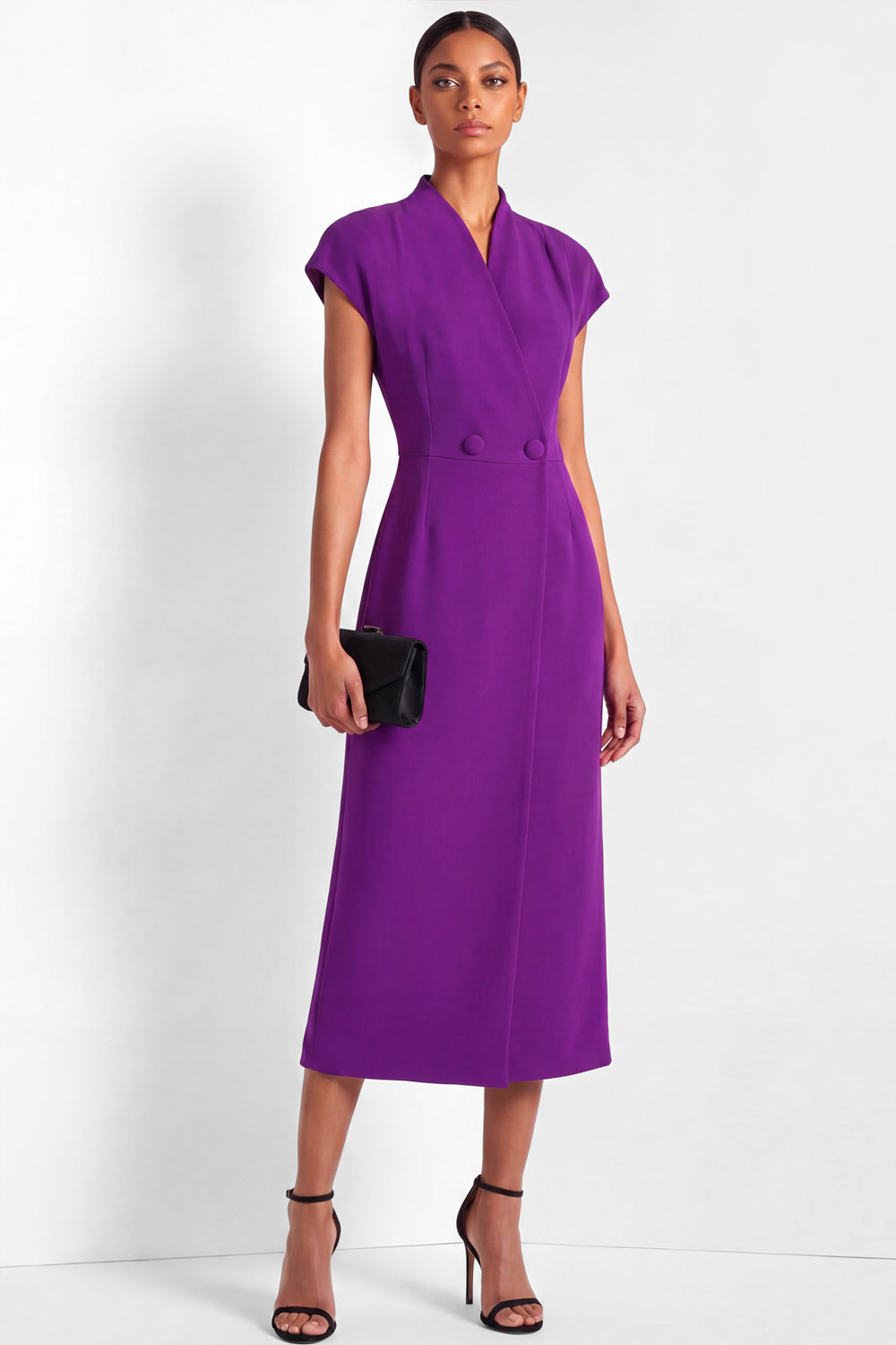 Purple Work Dress Sheath High Neck Midi Dress 