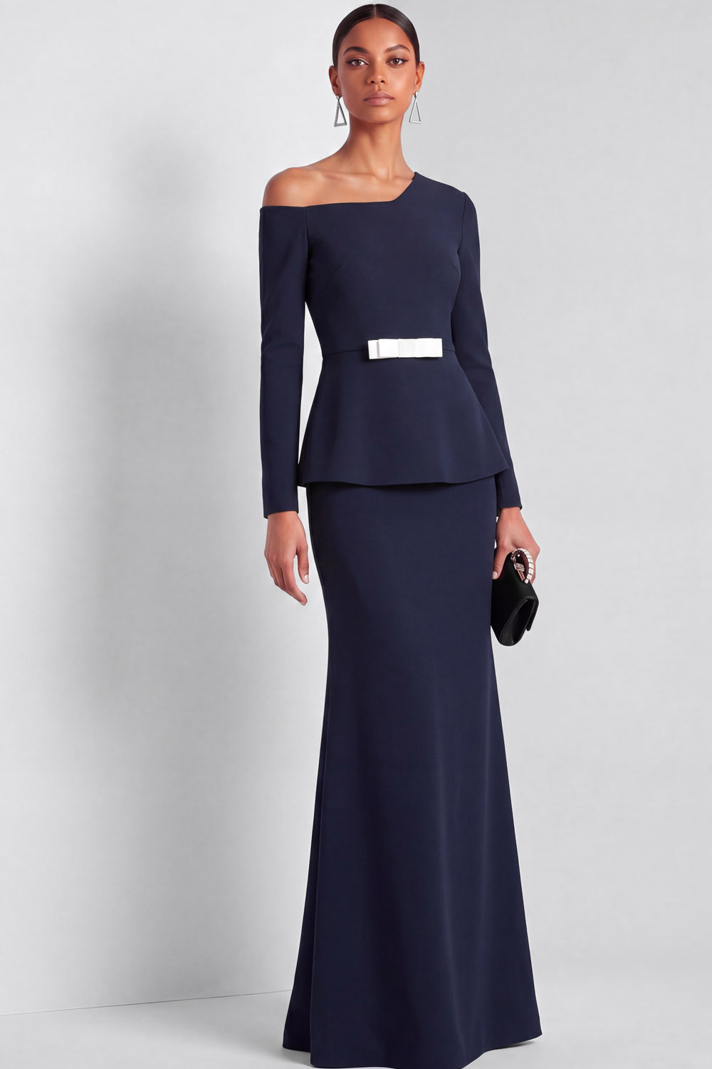 Navy Formal Evening Dress Mermaid Asymmetrical Neck Maxi Dress 