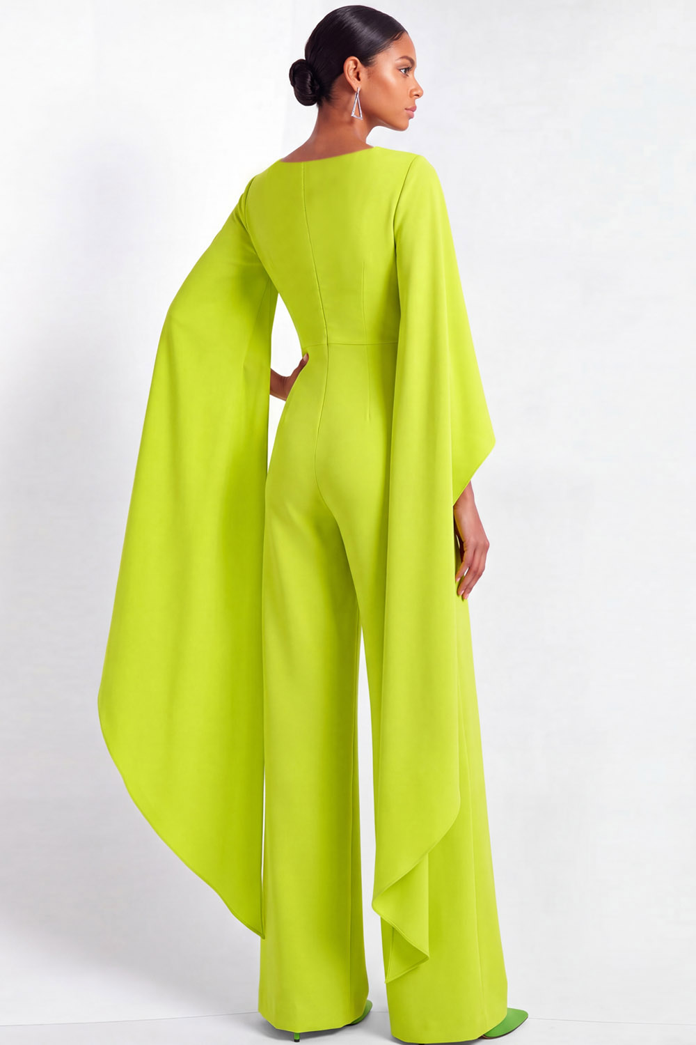Mustard Green Formal Jumpsuit V-Neck Chiffon Jumpsuit with Cape