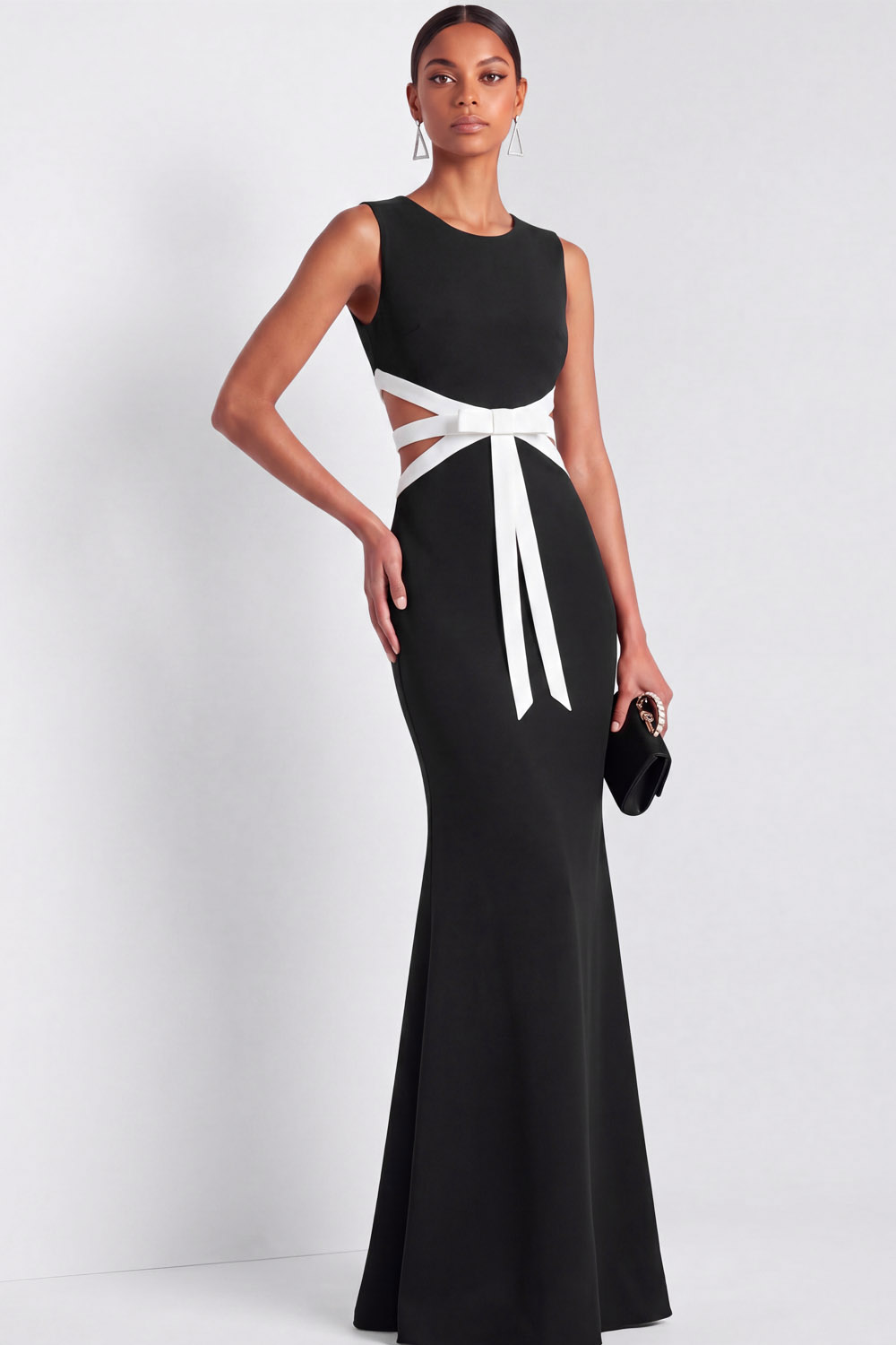Black Formal Evening Dress Mermaid Round Neck Bow Maxi Dress 