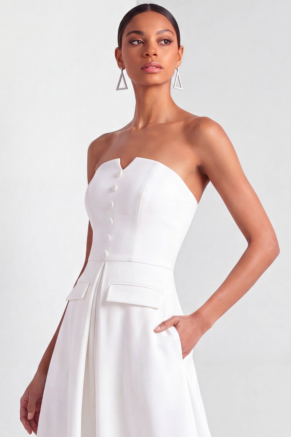 The Bridie | White Strapless Notch Button Bridal A-Line Maxi