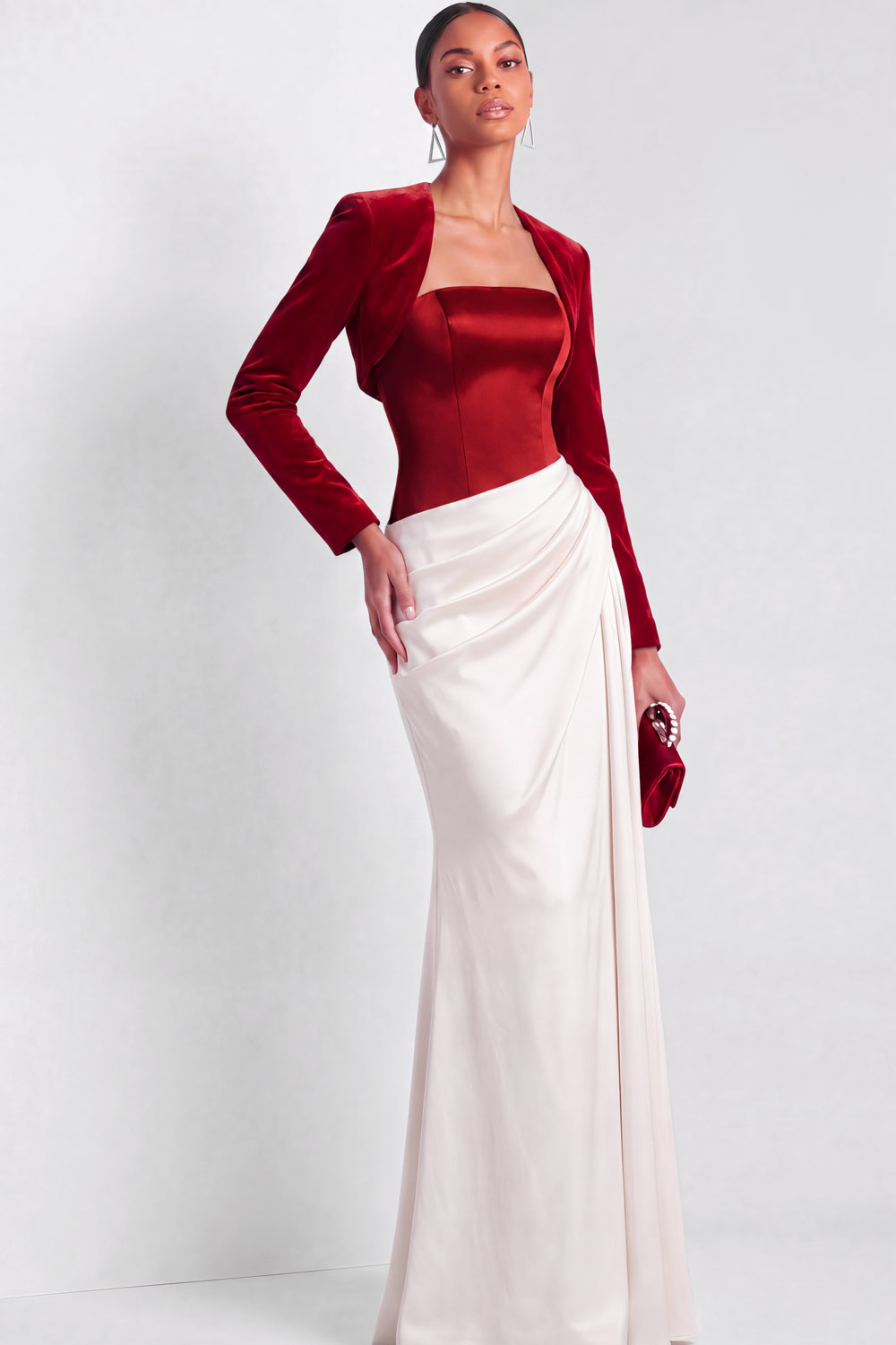 silk bolero for evening dress The Mireille | Black Velvet Bolero White Satin Strapless Mermaid Formal  Dress