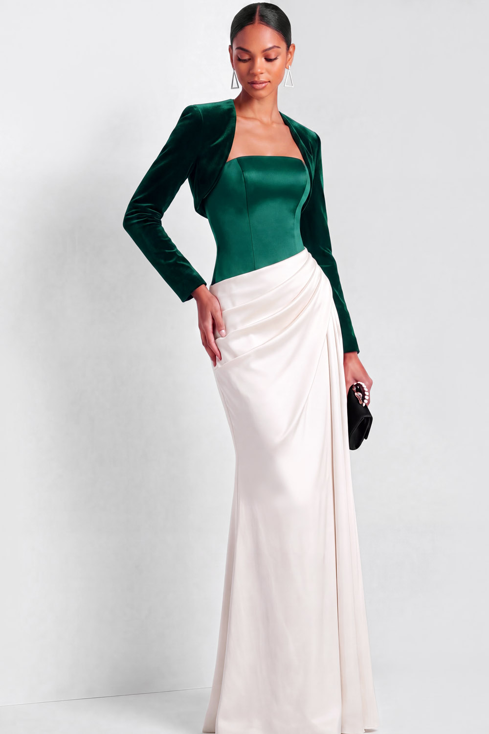 silk bolero for evening dress The Mireille | Black Velvet Bolero White Satin Strapless Mermaid Formal Dress