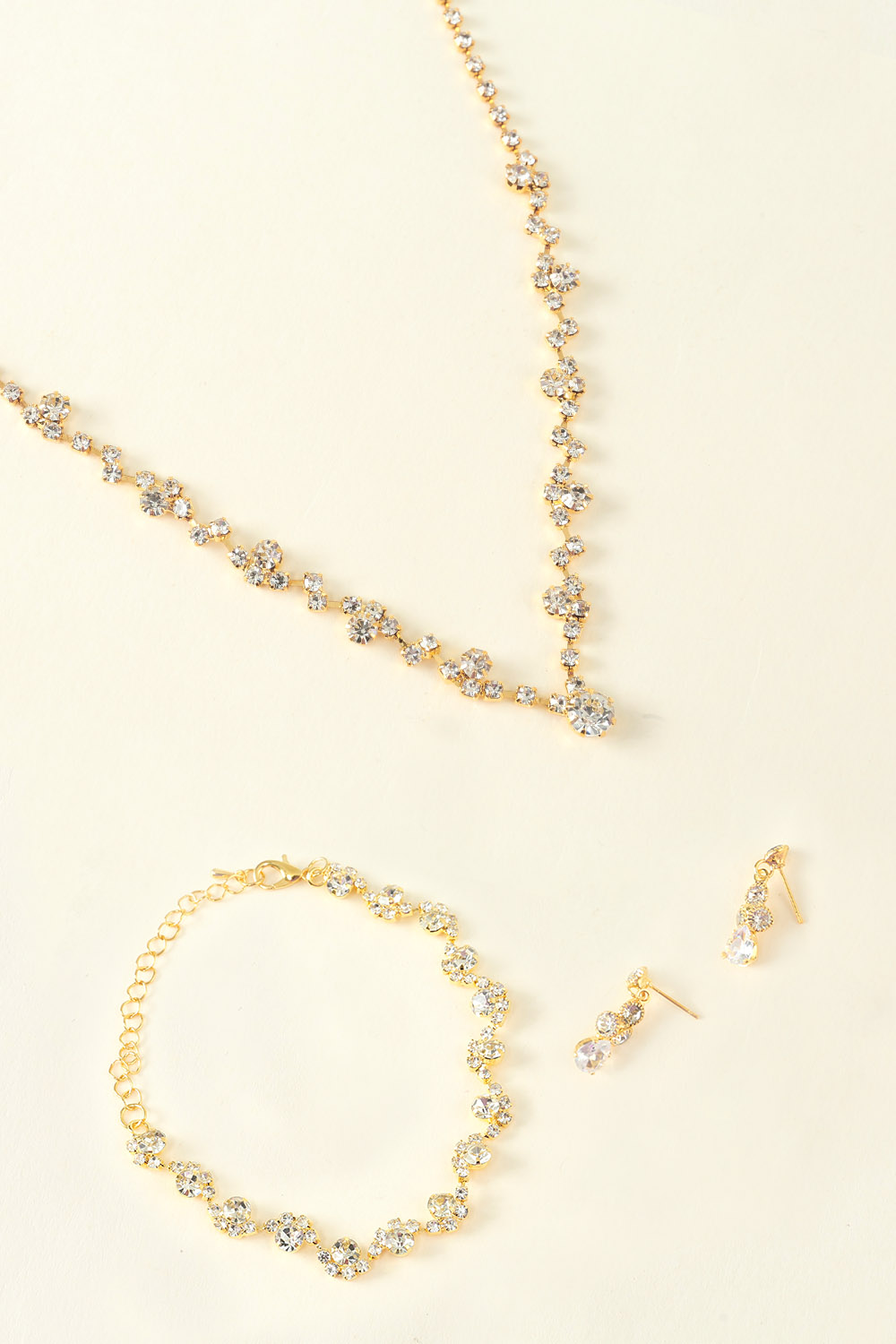 Golden Evening Rhinestone Jewelry Set for Women Necklace Earrings Bracelet Sets