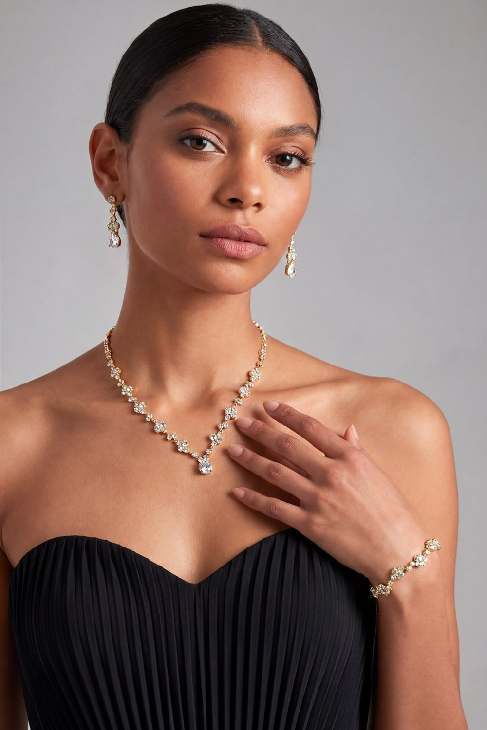 Golden Evening Rhinestone Jewelry Set for Women Necklace Earrings Bracelet Sets