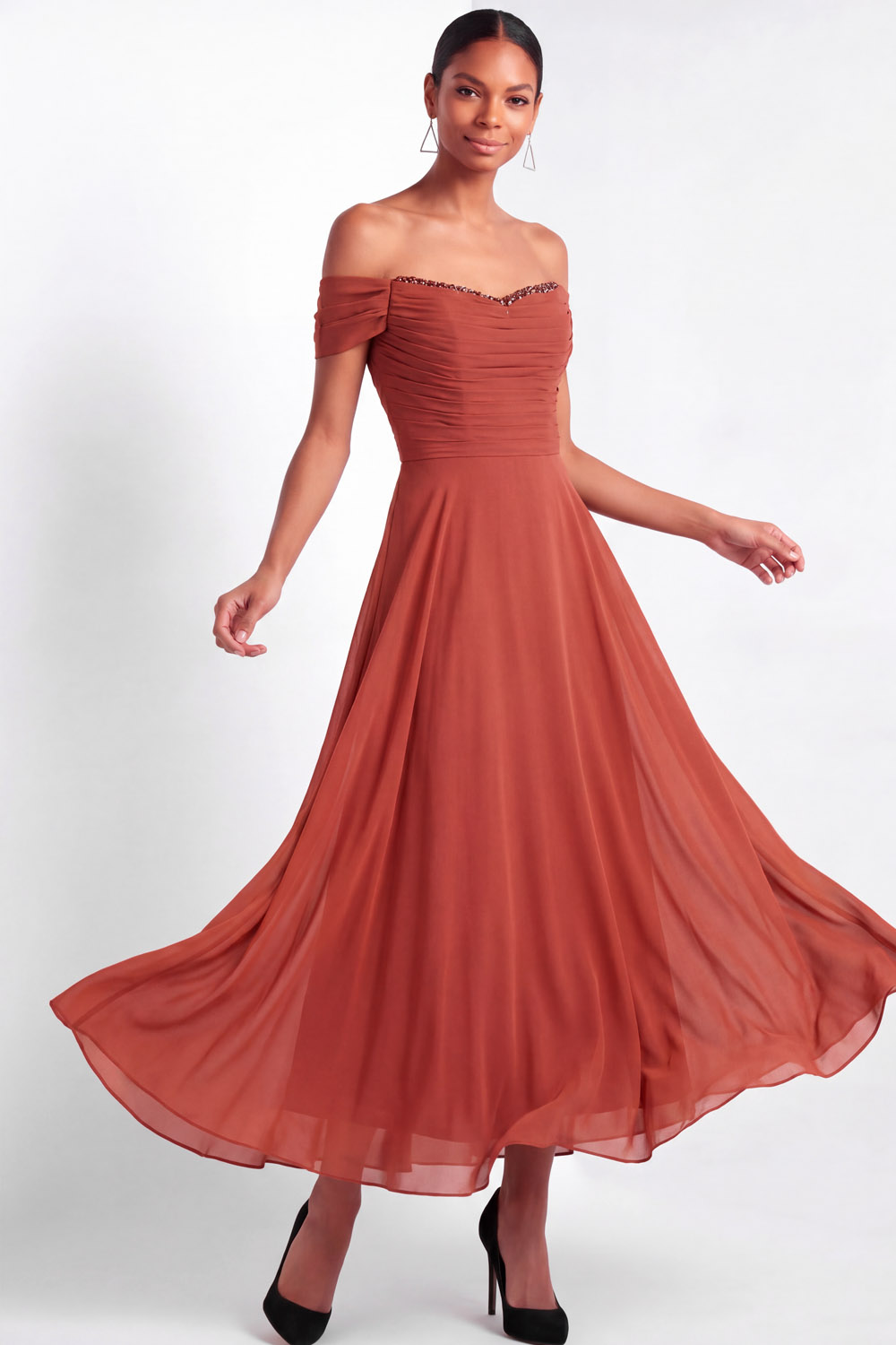 The Mariner Navy Sequin Off Shoulder A-Line Chiffon Wedding Guest Dress | Chiclody