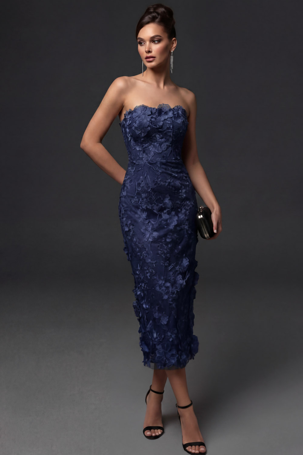 The Aubray White Strapless Floral Embroidered Lace Midi Cocktail Dress | Chiclody