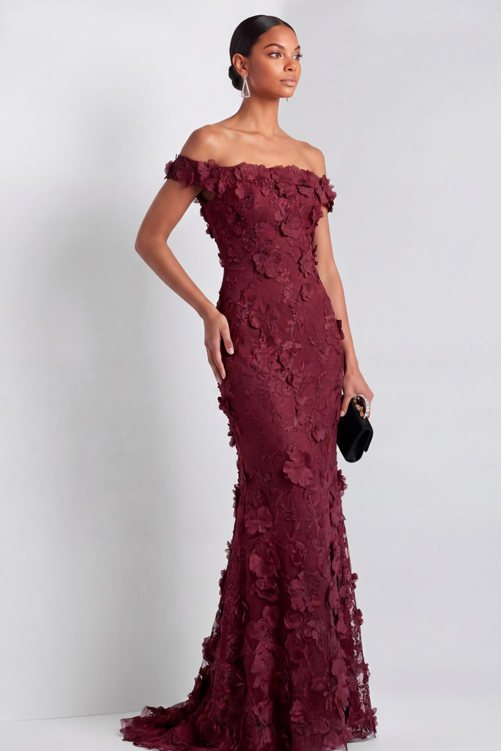The Calanthe Navy Floral Mermaid Off Shoulder Embroidered Formal Evening Dress | Chiclody