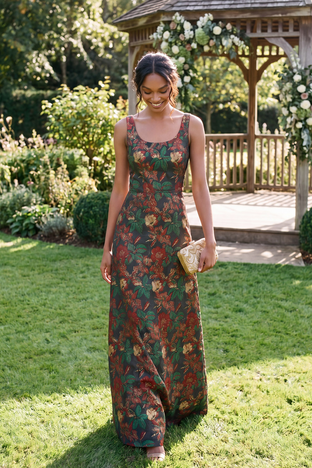 Dark Green A-Line Wide Straps Jacquard Wedding Guest Dress