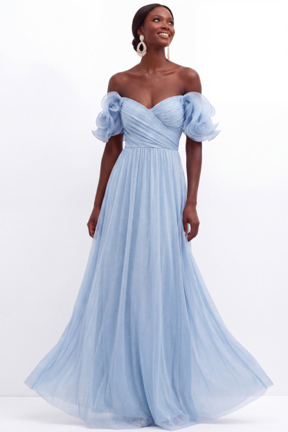 スーツ・フォーマル・ドレス Ameri OFF SHOULDER TULLE LAYERED DRESS The Azori Light Blue Off Shoulder A-Line Pleated Chiffon Wedding