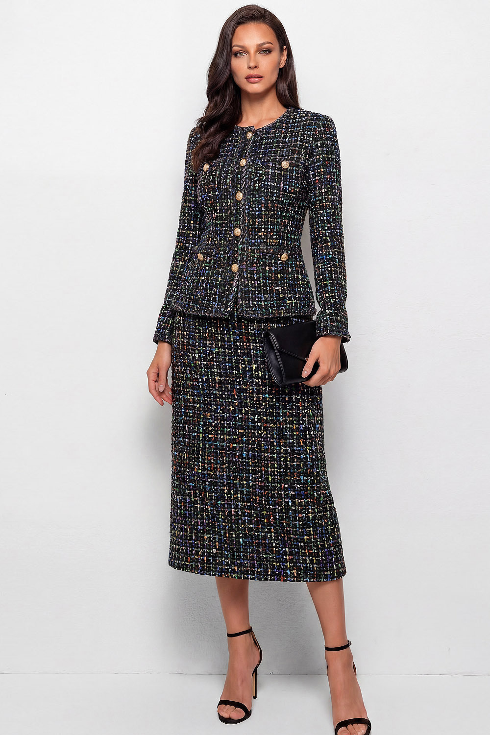 The Montclair Black Rond Neck Long Sleeve Midi Suit Set Work Dress | Chiclody