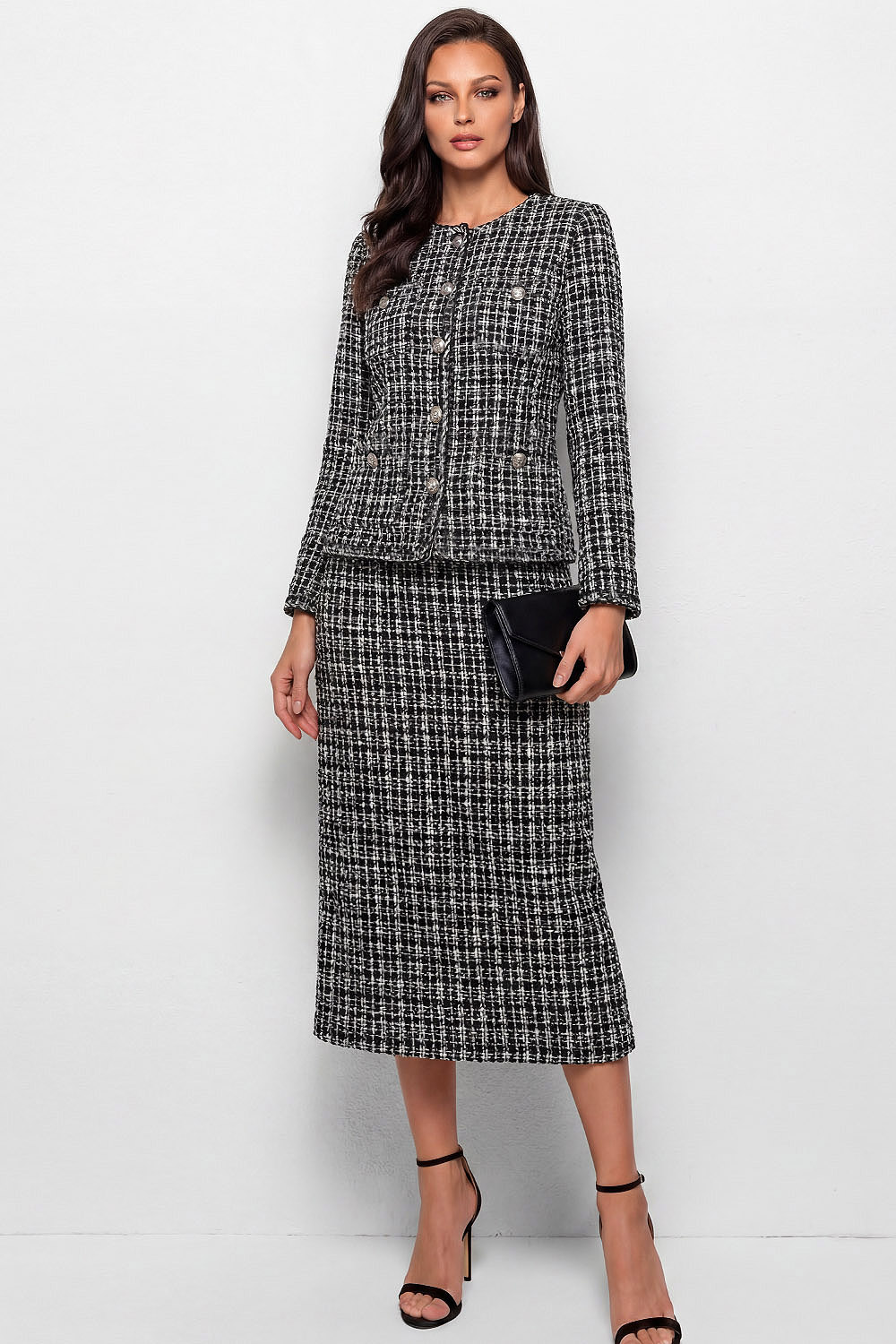 The Montclair Black Rond Neck Long Sleeve Midi Suit Set Work Dress | Chiclody