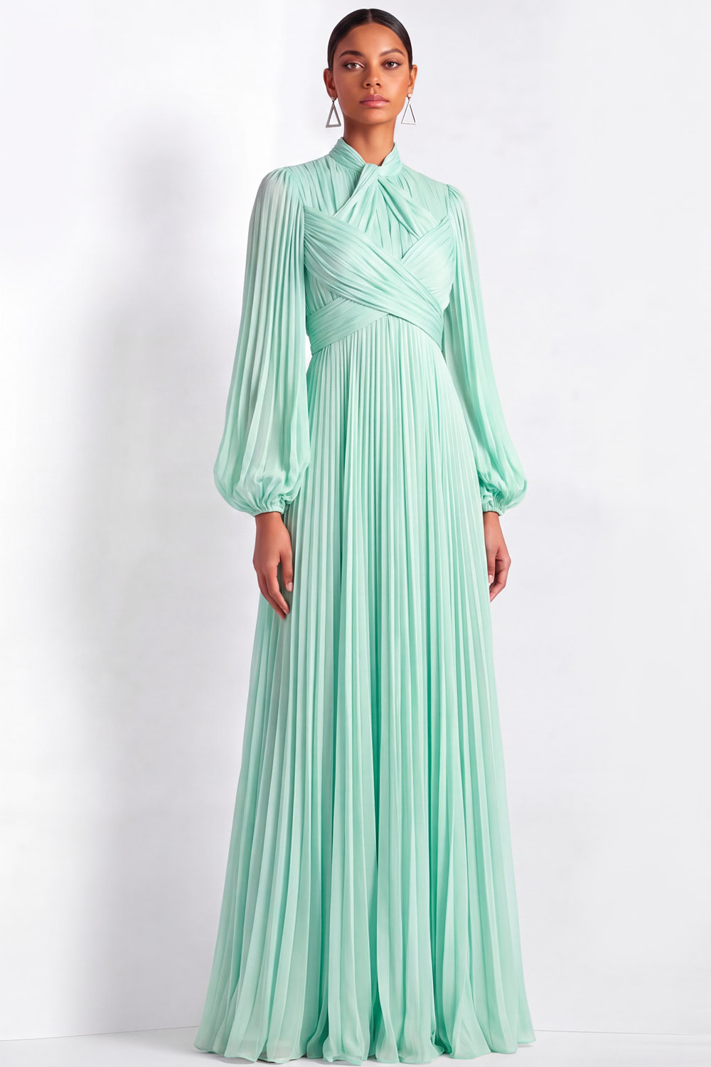 The Serafina Burgundy Long Sleeve Pleated Chiffon Wedding Guest Dress | Chiclody