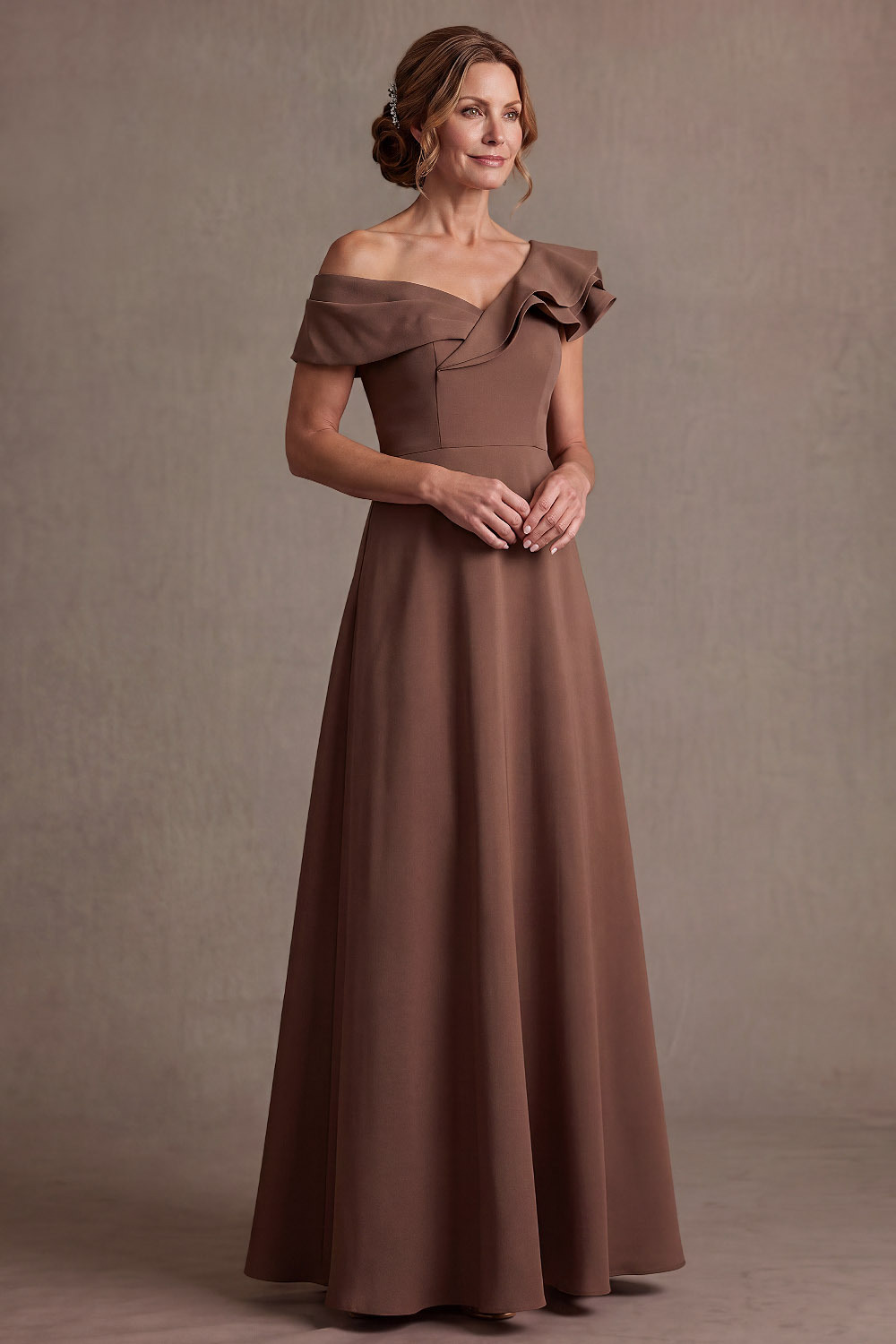 The Armona Brown Ruffle Off Shoulder A-Line Wedding Guest Dress | Chiclody