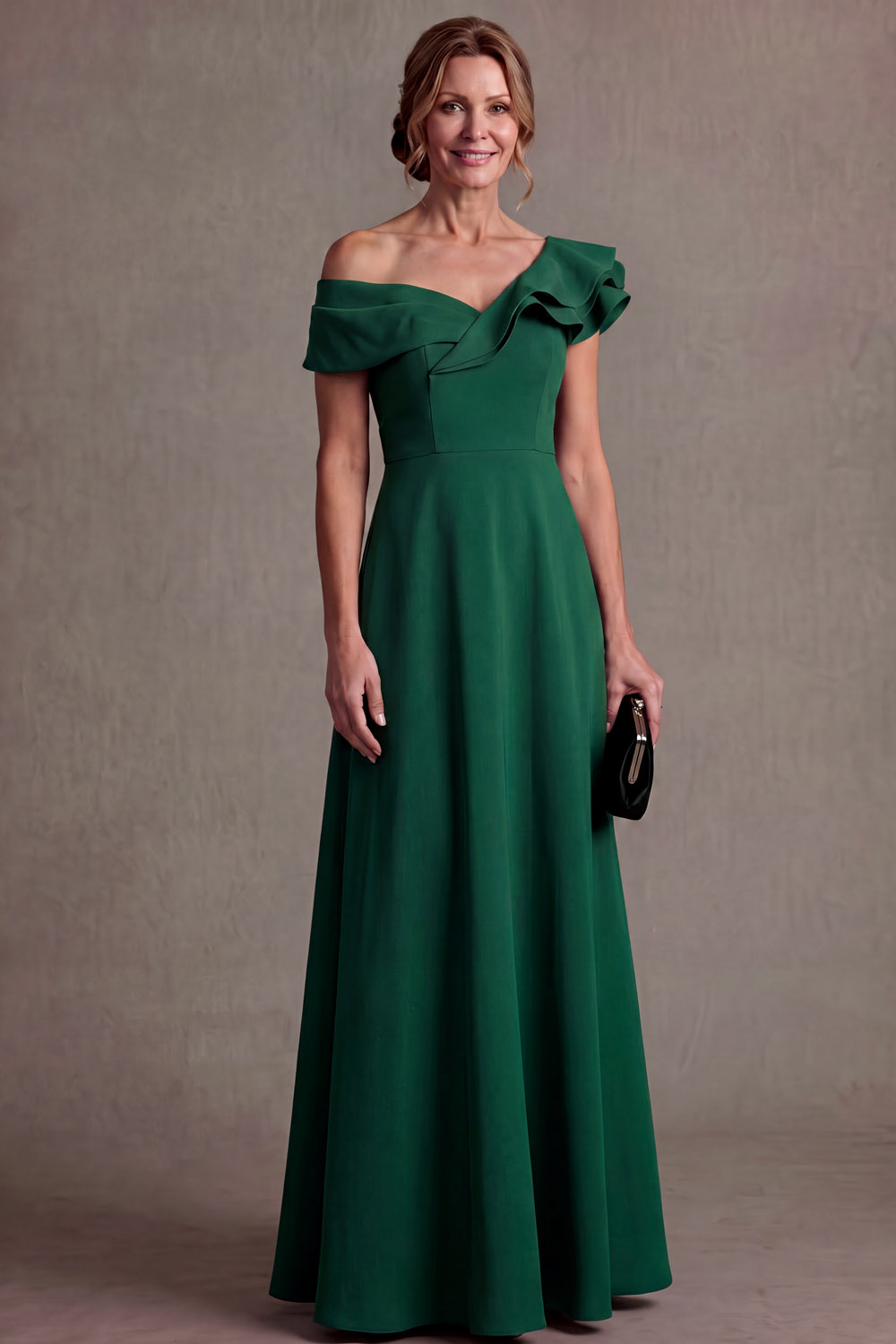 The Armona Brown Ruffle Off Shoulder A-Line Wedding Guest Dress | Chiclody
