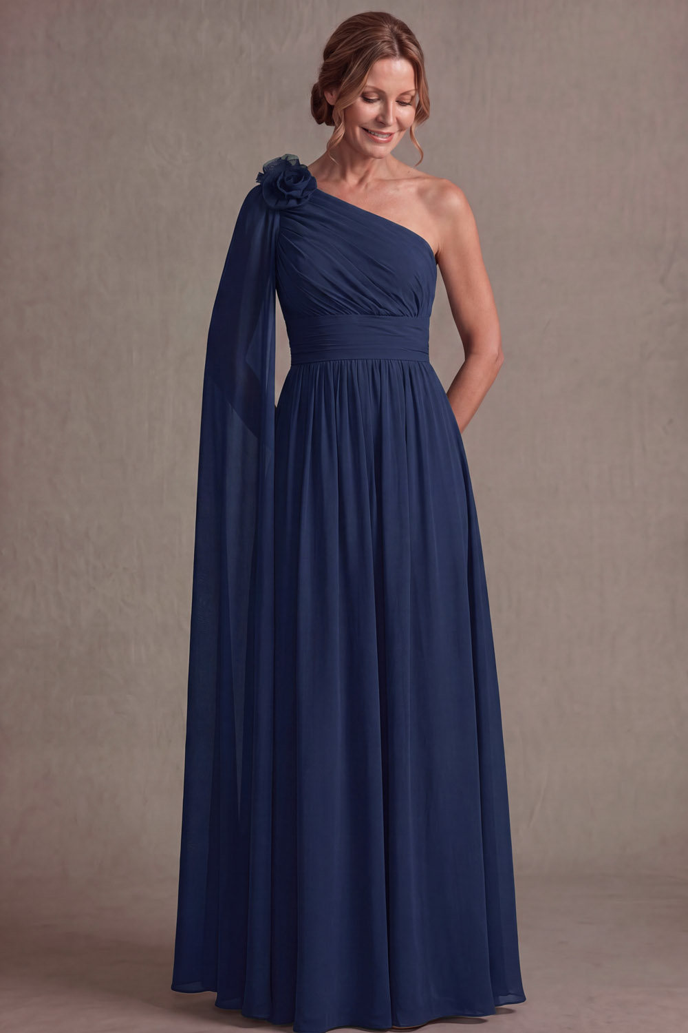 The Schenita Burgundy One Shoulder Chiffon Wedding Guest Dress with Sash | Chiclody