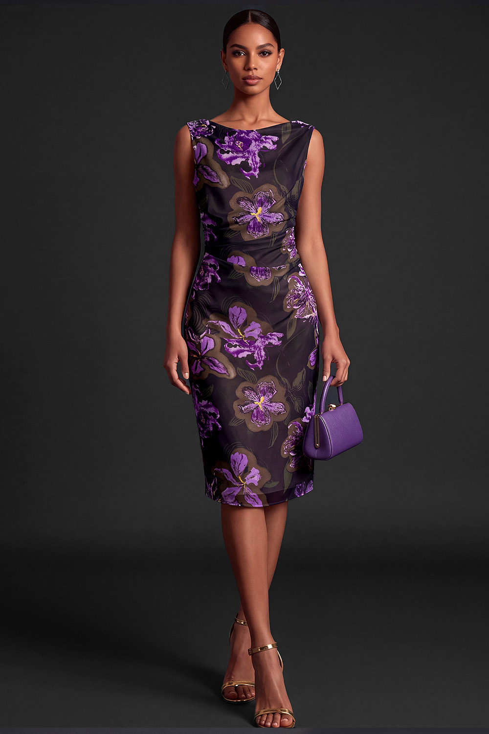 The Chloris Green Floral Boat Neck Chiffon Midi Cocktail Dress | Chiclody