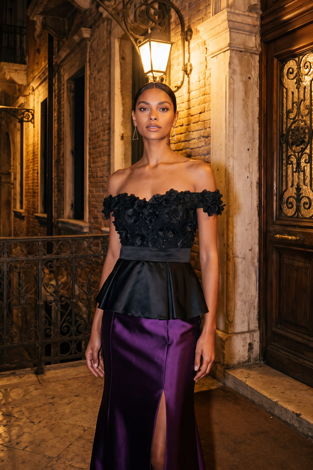 The Clementine Purple Off Shoulder Satin Maxi Formal Dress with