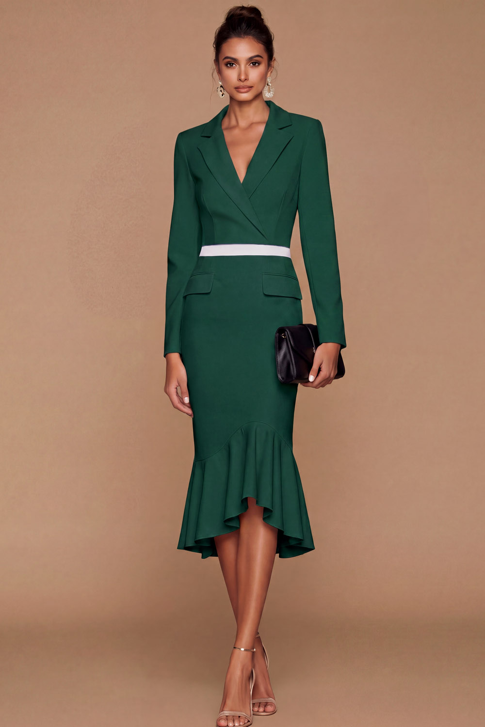 The Marinerie Navy Lapel Long Sleeve Mermaid Blazer Midi Work Dress | Chiclody