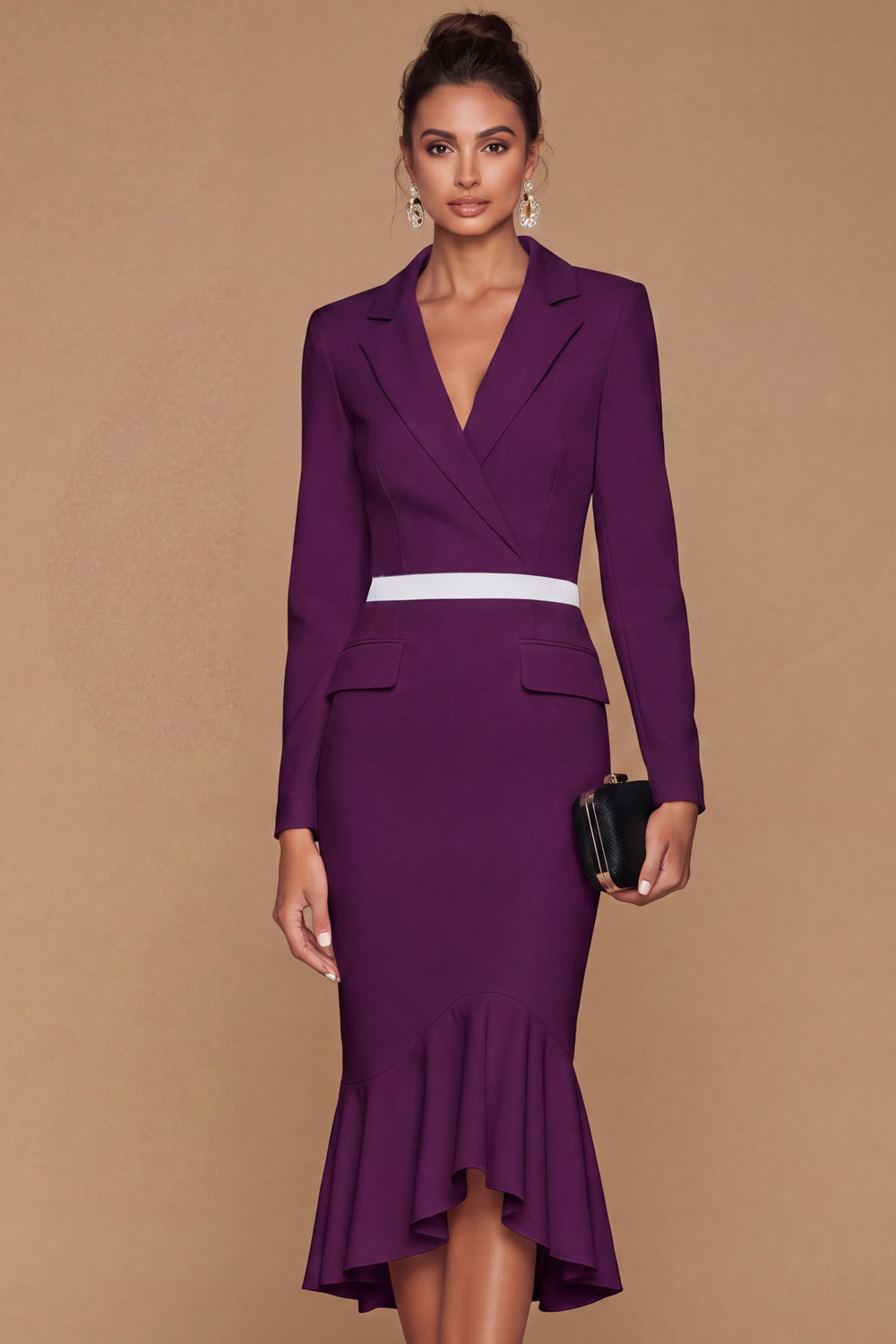 The Marinerie Navy Lapel Long Sleeve Mermaid Blazer Midi Work Dress | Chiclody