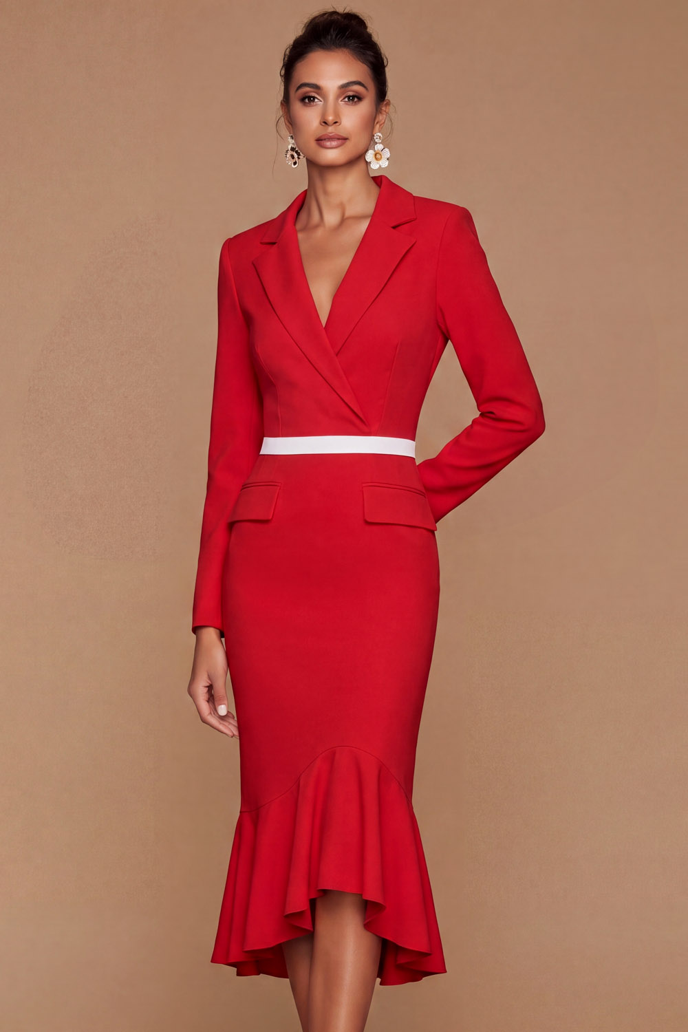The Marinerie Navy Lapel Long Sleeve Mermaid Blazer Midi Work Dress | Chiclody