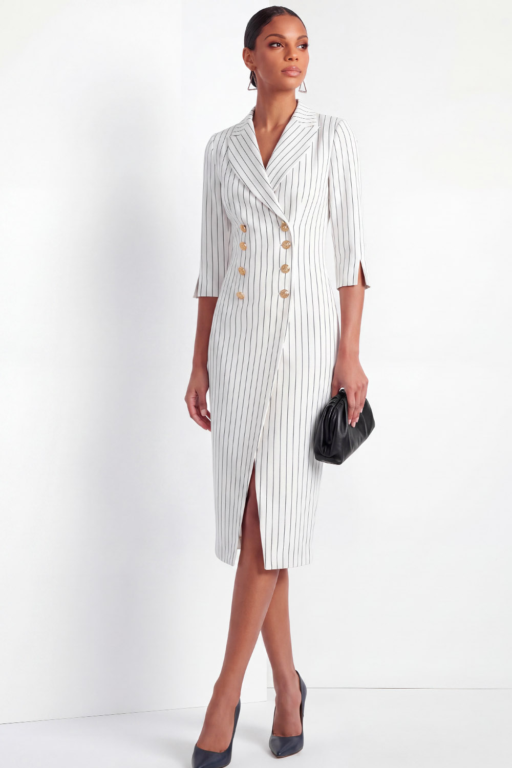 Navy Business Blazer Bodycon Lapel Midi Work Dress | Chiclody