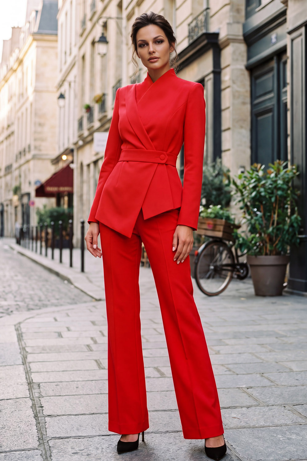Khaki Wrap Long Sleeve Work Formal Pants Set chiclody