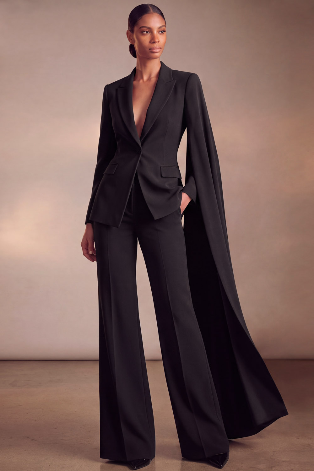 Red Lapel Blazer Suits Long Sleeve Pants Set with Cape | Chiclody