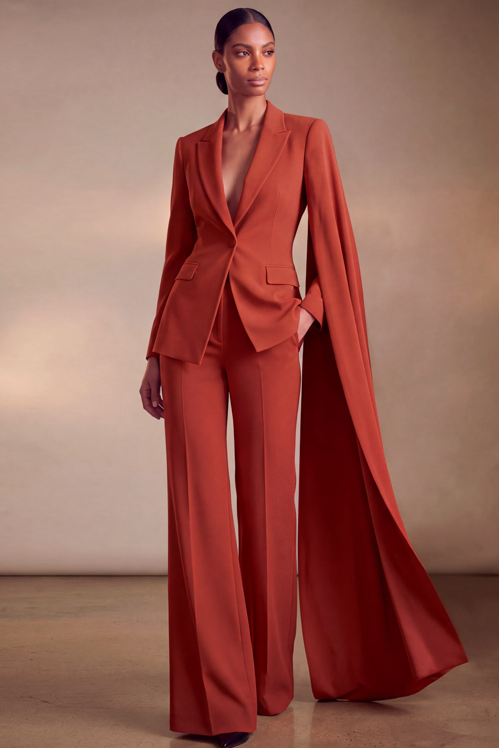 Red Lapel Blazer Suits Long Sleeve Pants Set with Cape | Chiclody