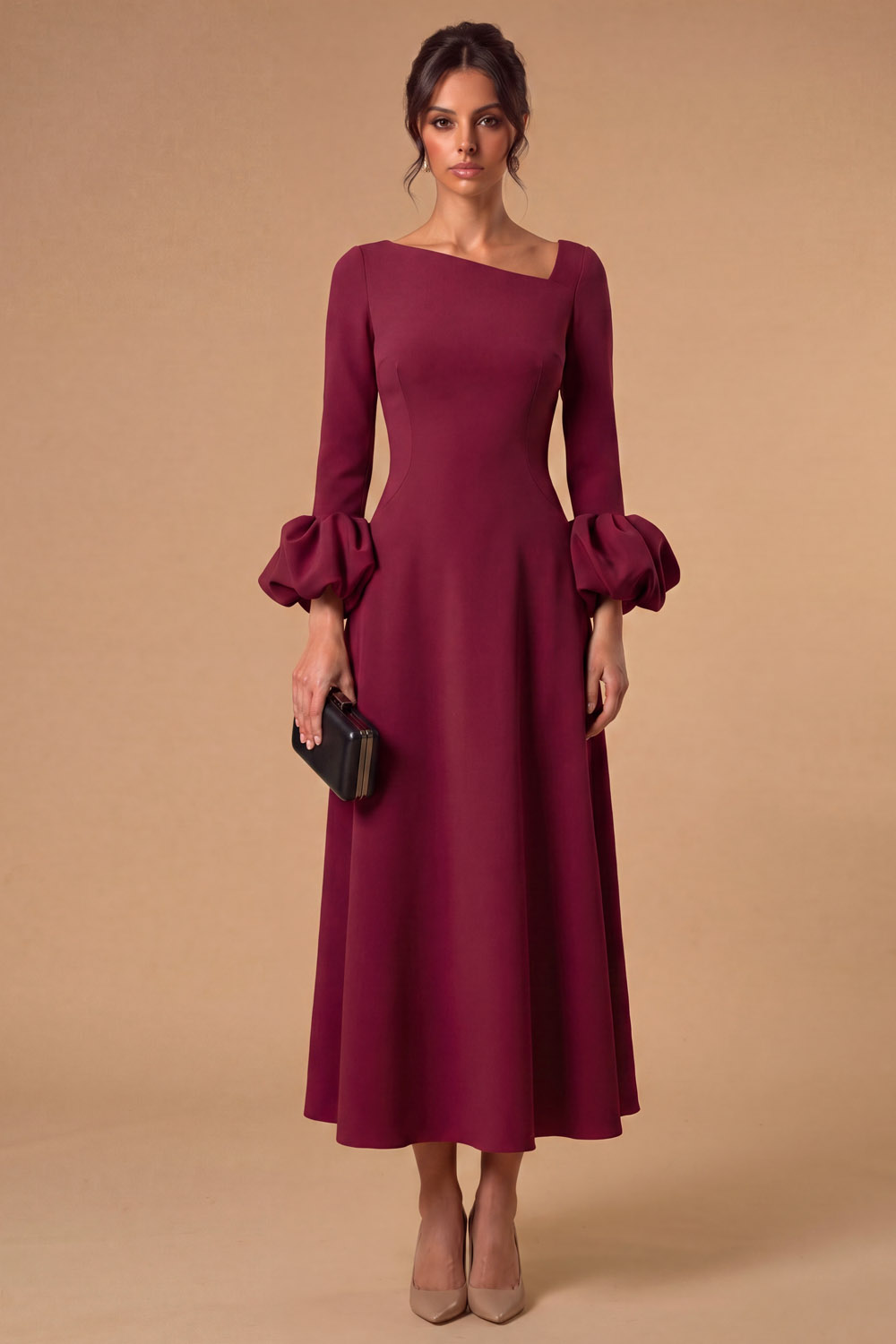 Green Asymmetrical Neck Puff Sleeve Maxi Wedding Guest Dress Chiclody