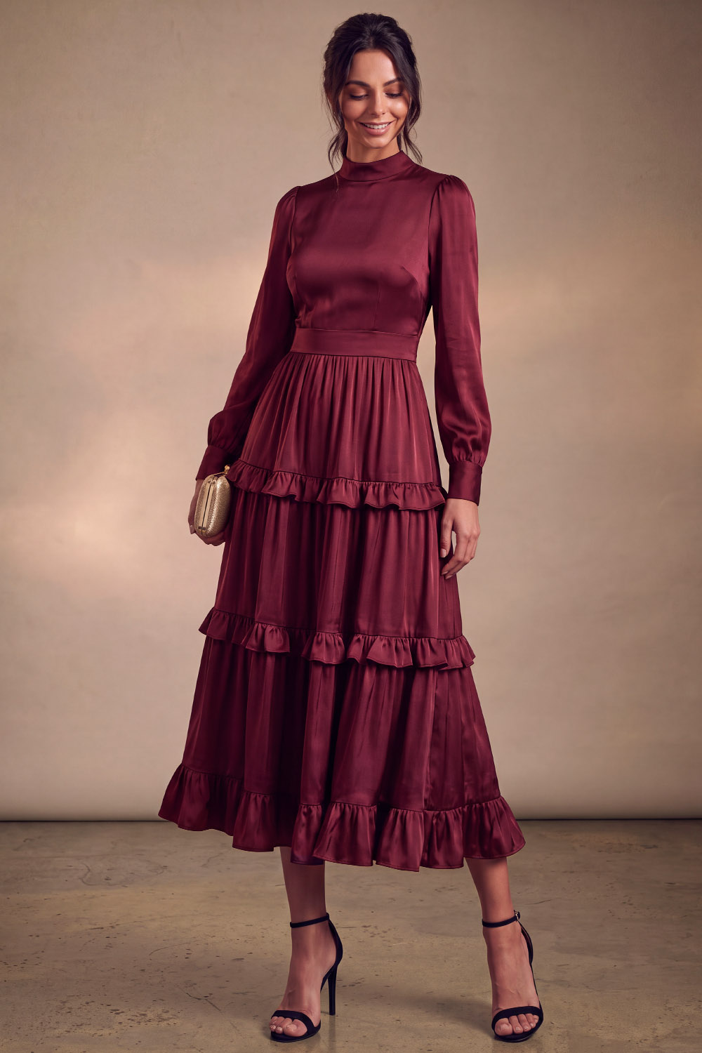 Navy High Neck A-Line Tiered Satin Wedding Guest Dress Chiclody