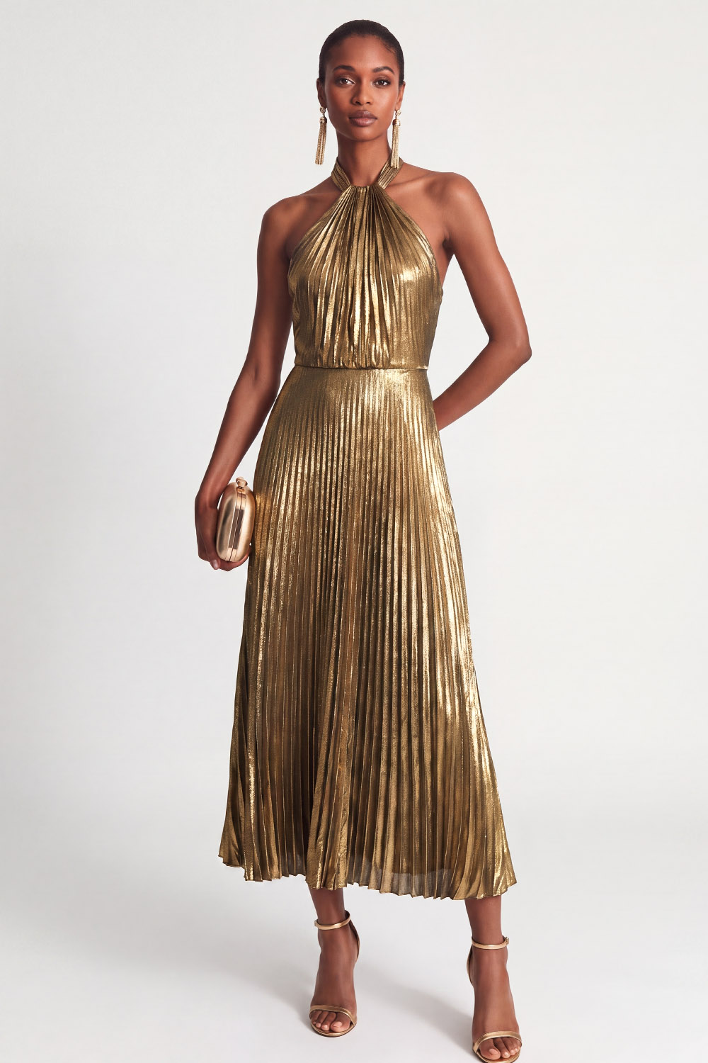 Metal Pleated Satin Halter Sleeveless A-Line Cocktail Dress