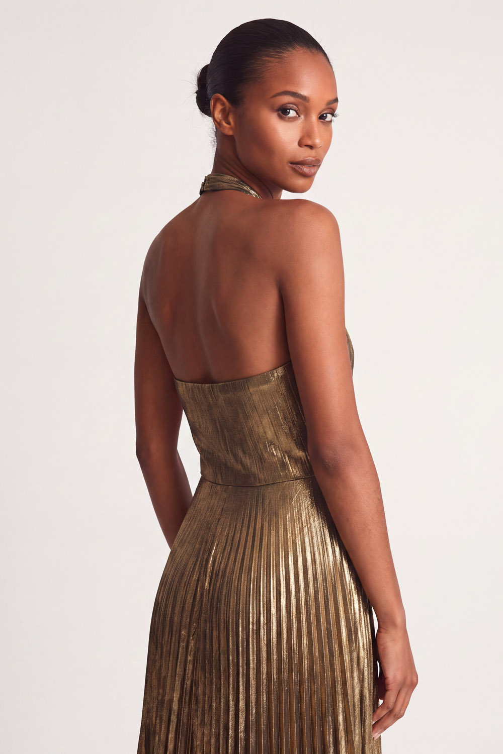 Metal Pleated Satin Halter Sleeveless A-Line Cocktail Dress