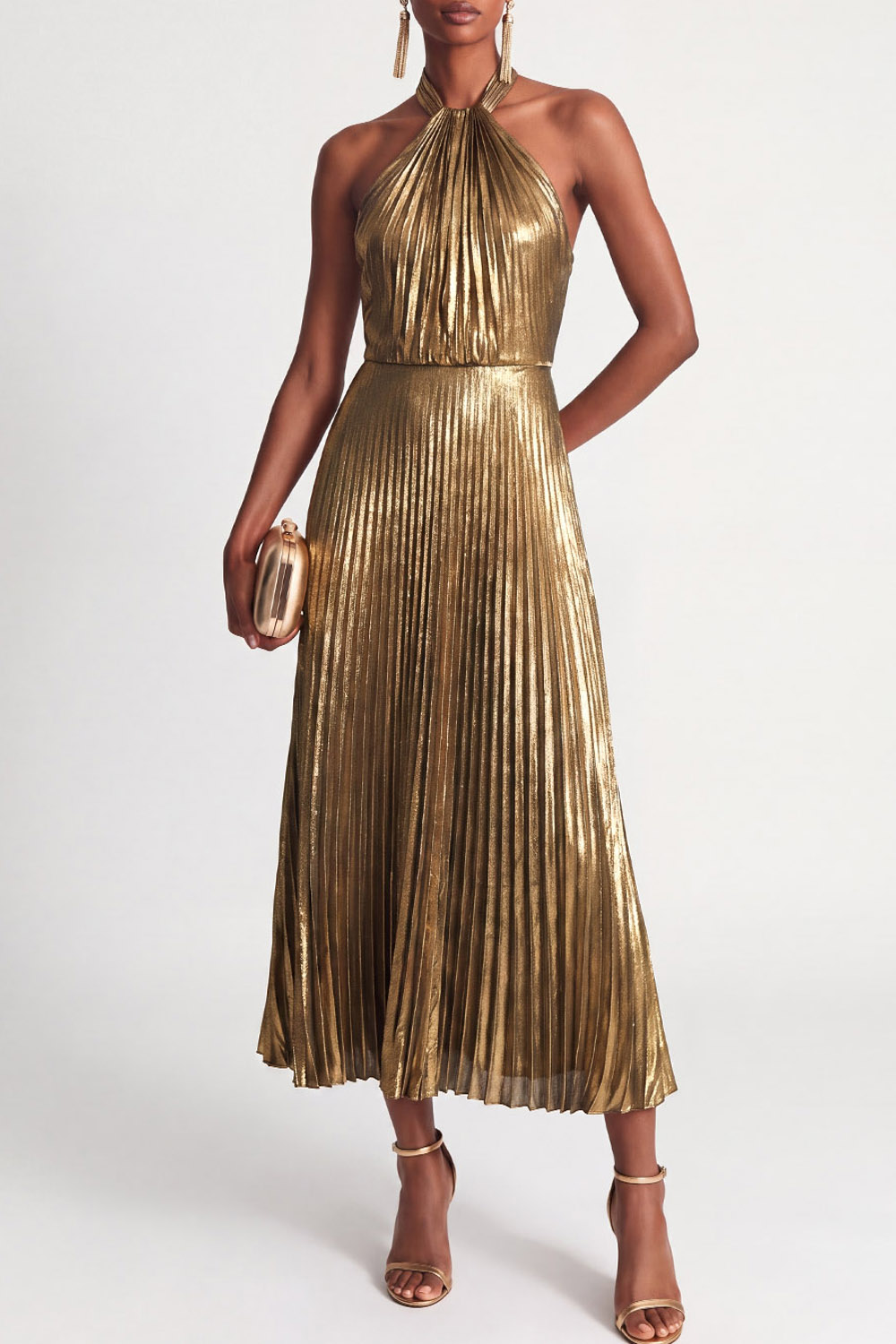 Metal Pleated Satin Halter Sleeveless A-Line Cocktail Dress