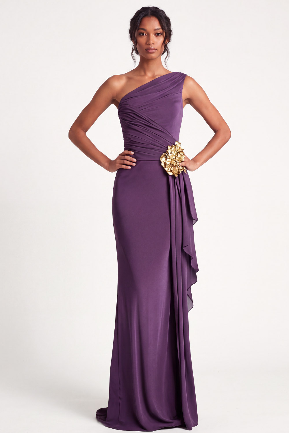 Purple One Shoulder Draped Mermaid Wedding Guest Dress