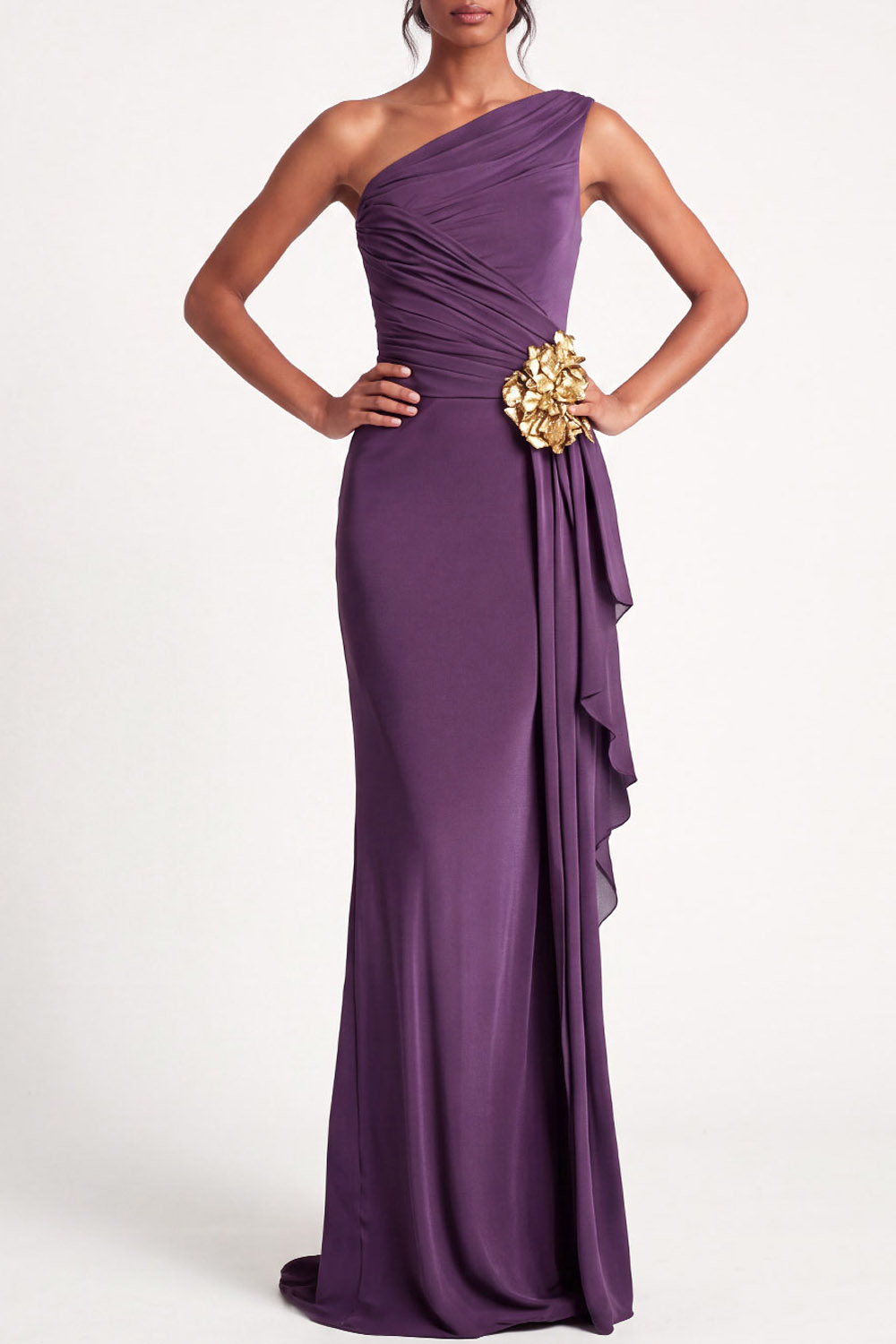 Purple One Shoulder Draped Mermaid Wedding Guest Dress