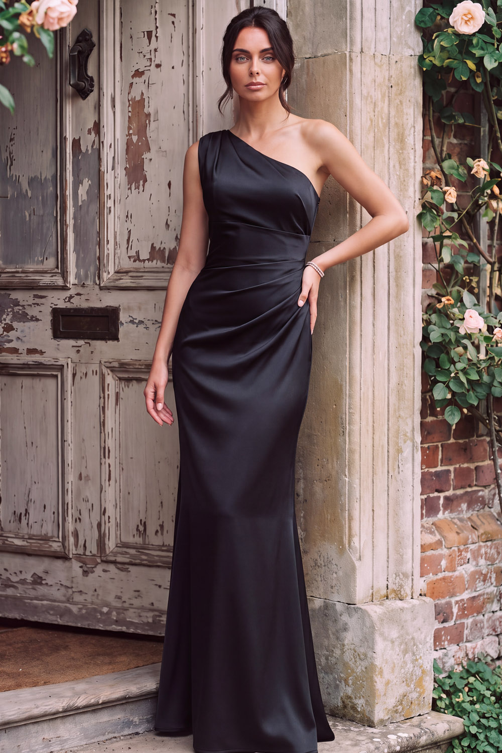 Green One Shoulder Ruched Satin Maxi ​Wedding Guest Dress