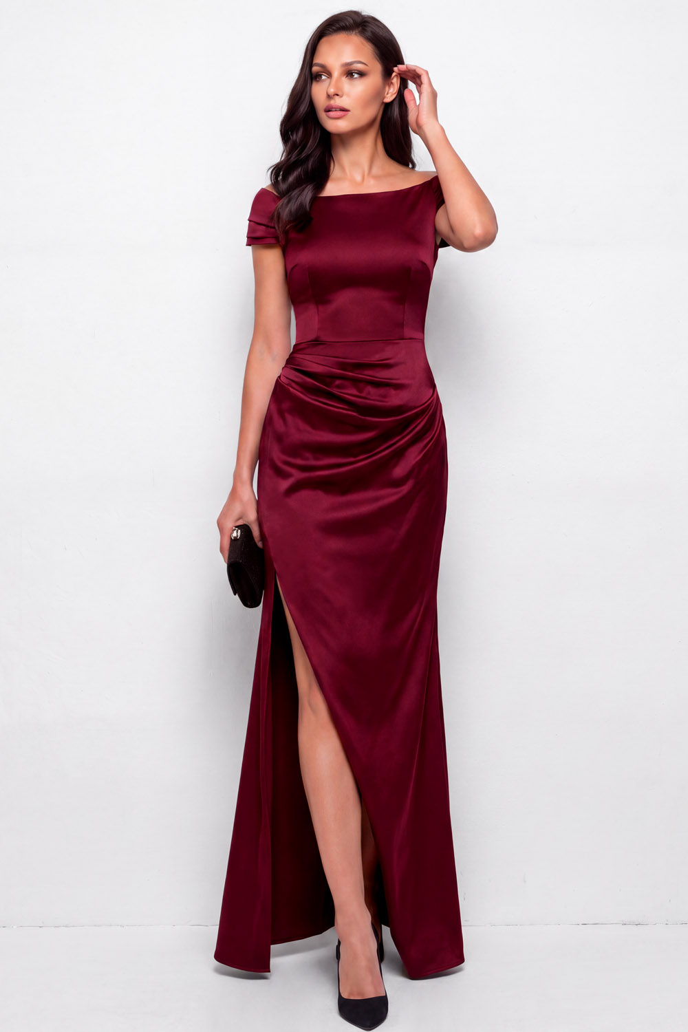 Peacock Green Off the Shoulder Satin Slit Formal Evening Dress | Chiclody