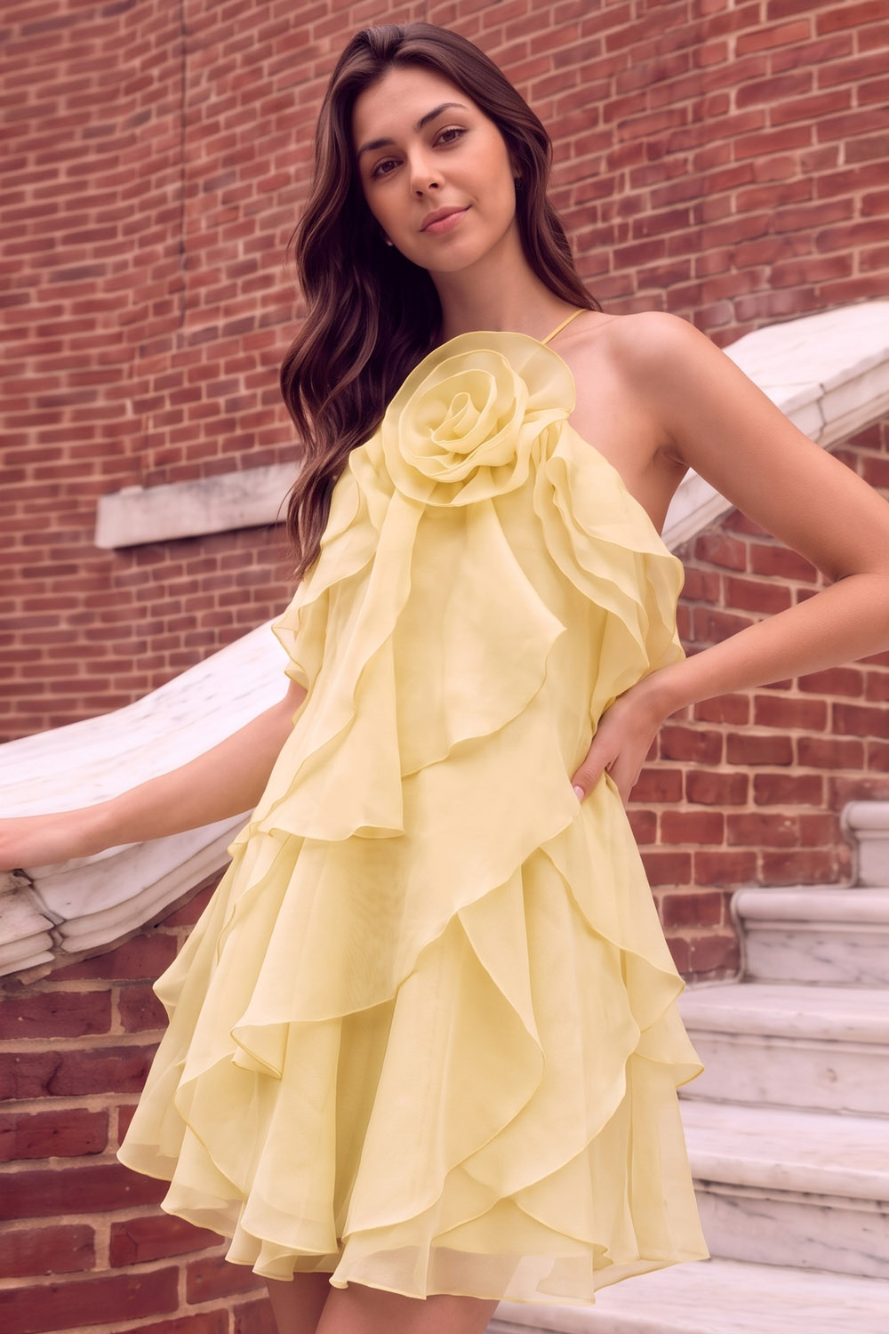 Homecoming Dress Light Blue Halter 3D Flower Tiered Tulle Mini Dress