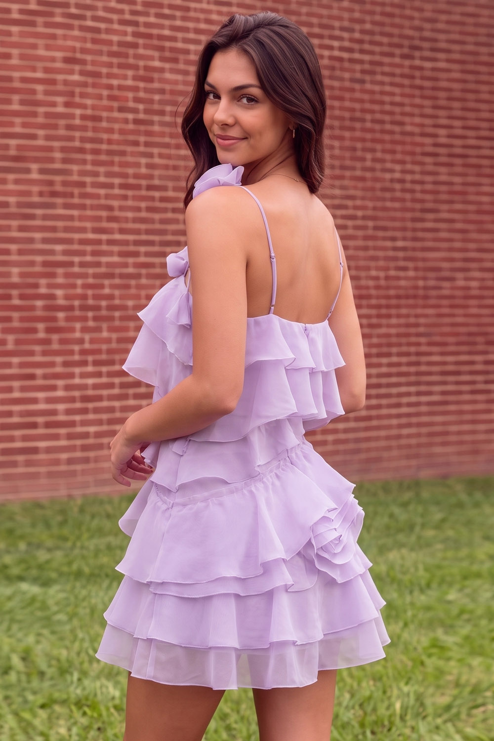 Homecoming Dress Lilac Spaghetti Strap 3D Flower Tiered Tulle Mini Dress