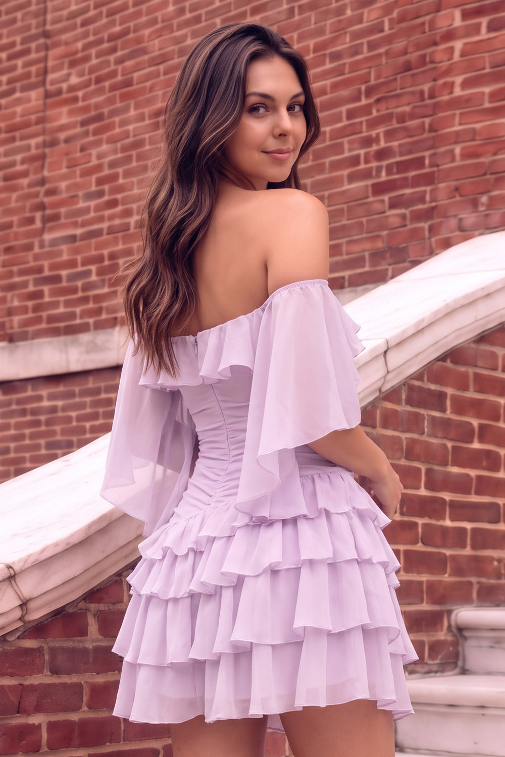 Homecoming Dress Lilac Off‑the‑Shoulder Ruffle Tiered Chiffon Mini Dress