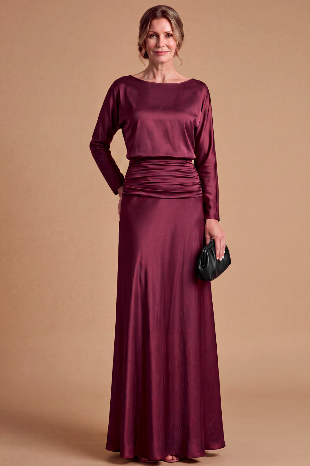 Purple Boat Neck Long Sleeve Ruched Waist Satin Wedding Guest Dress Chiclody
