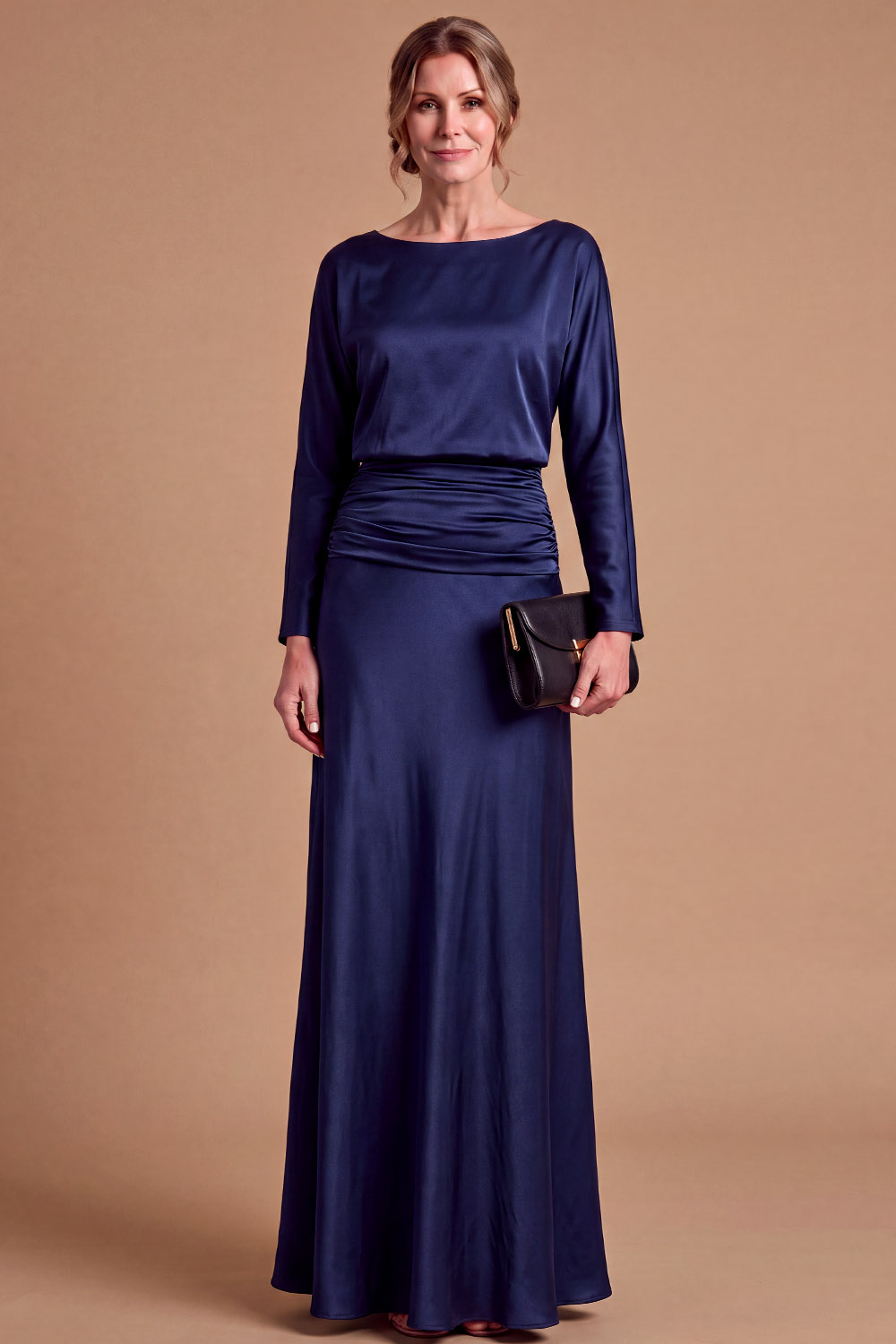 Purple Boat Neck Long Sleeve Ruched Waist Satin Wedding Guest Dress Chiclody